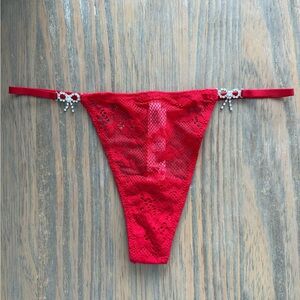 NWT Victoria's Secret Red Lace Rhinestone Bow Thong/String Panty Size Medium